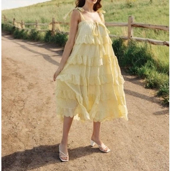 Mable Dresses & Skirts - Mable Mellow Yellow Tiered Gingham Maxi Dress Scalloped Cottage Feminine Small